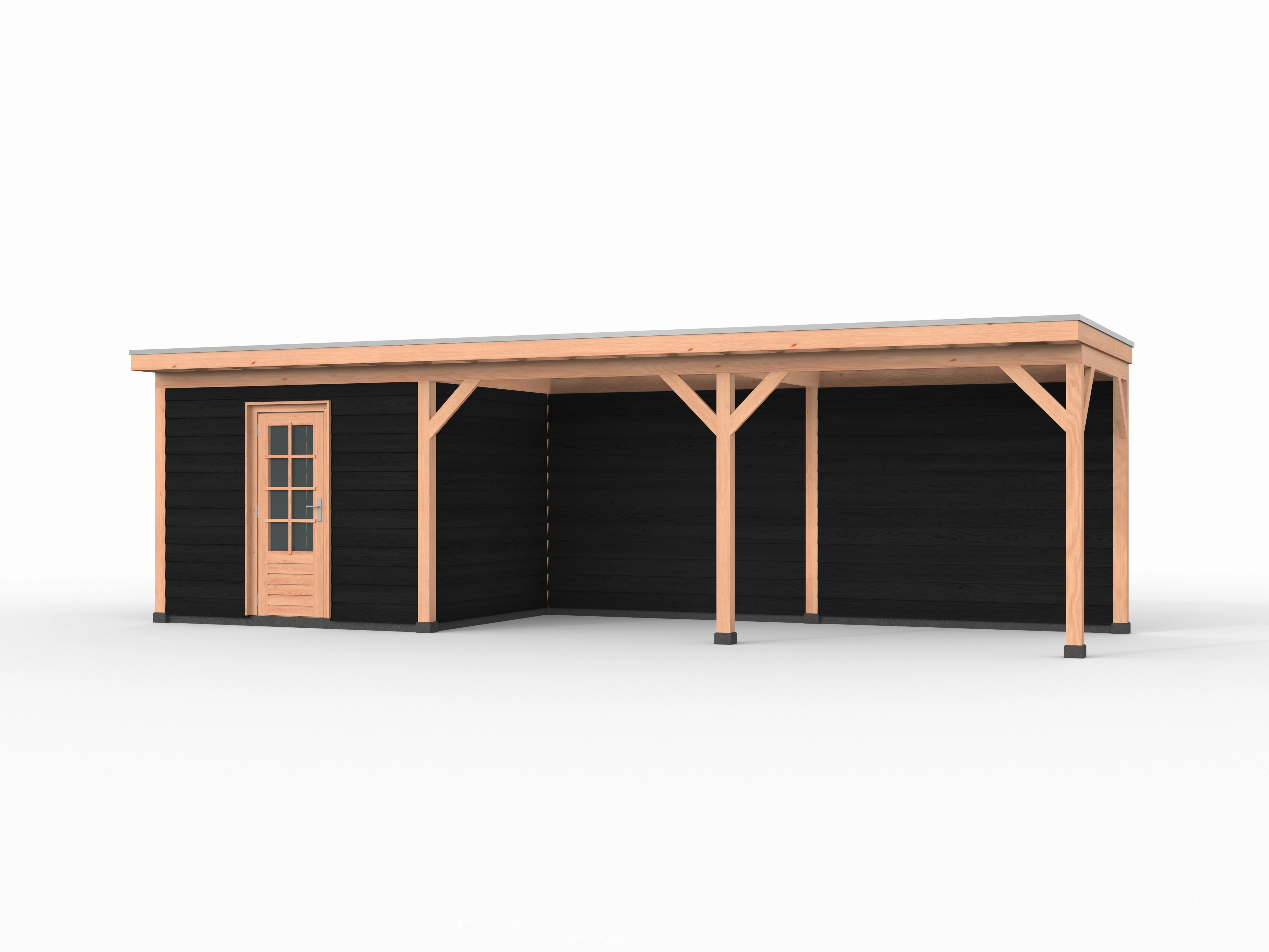 Douglas overkapping, 900 x 250, met zwarte schuur en achterwand, Westwood Comfort - Afbeelding 1